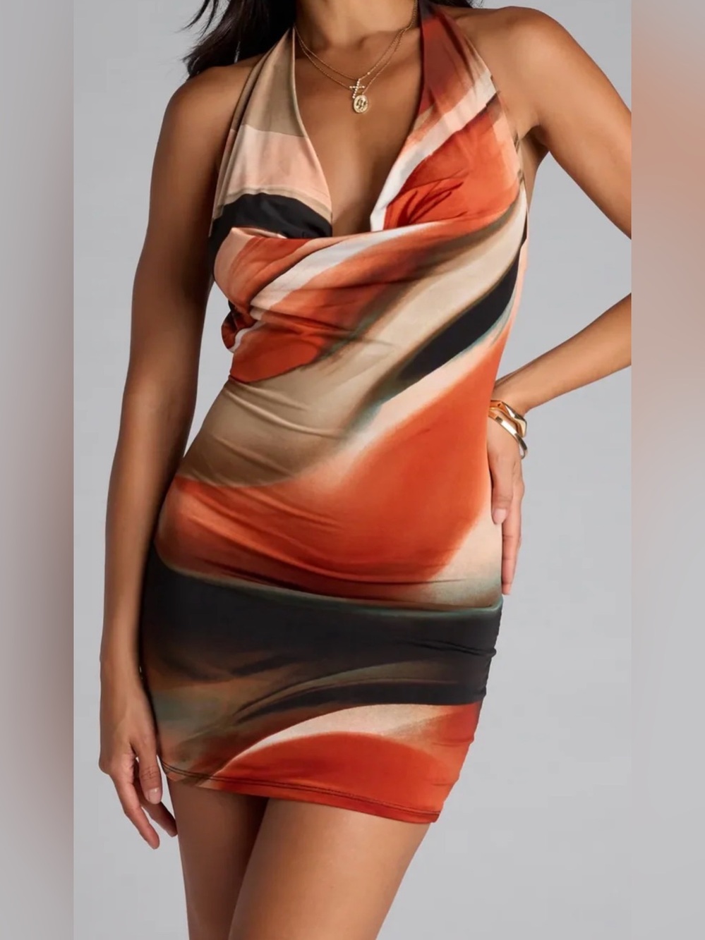 Windsor Orange Swirl Cowl Neck Mini Dress